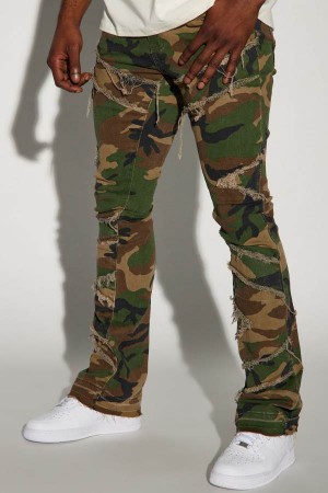 Camo Fashion Nova All Over Fray Stacked Skinny Flare Men Jeans USA | 165372GQH