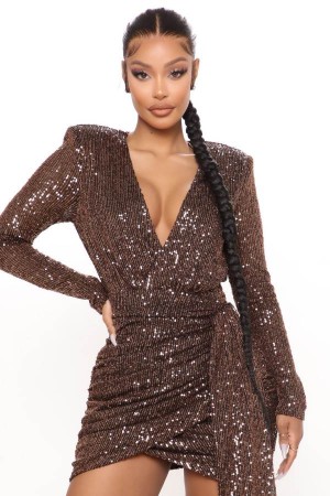 Chocolate Fashion Nova Center Stage Sequin Mini Women Dress USA | 978521UMR