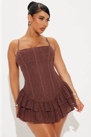 Chocolate Fashion Nova Lavish and Lovely Lace Mini Women Dress USA | 814067EWH