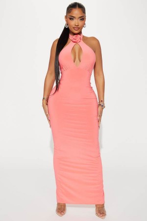 Coral Fashion Nova Rosette Halter Maxi Women Dress USA | 213605ZEJ