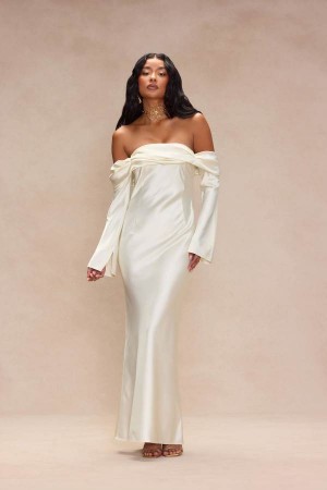 Cream Fashion Nova Amandine Satin Maxi Women Dress USA | 614390KWL