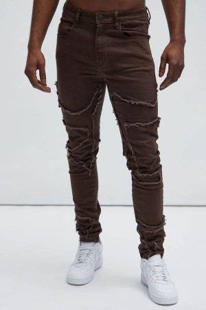 Dark Brown Fashion Nova Got Your Back Patched Stacked Skinny Men Jeans USA | 506281VIN