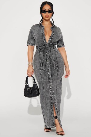 Dark Wash Fashion Nova Kara Denim Maxi Women Dress USA | 928617ZAN