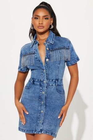 Dark Wash Fashion Nova Kourt Embellished Mini Women Dress USA | 532196AUN