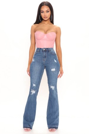 Dark Wash Fashion Nova Tall Road Tripper Ripped Stretch Flare Women Jeans USA | 425703KVN