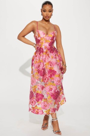 Fuchsia Fashion Nova Flower Bed Floral Midi Women Dress USA | 465902RYA