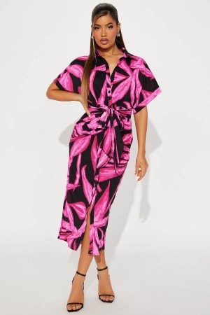 Fuchsia Fashion Nova Paradise Tropical Midi Women Dress USA | 527968WIE