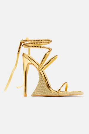 Gold Fashion Nova Becoming Richer Wrap Up Heeled Women Sandals USA | 205349AJG