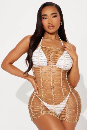 Gold Fashion Nova Kahlani Beaded Crochet Cover Up Women Dress USA | 029813BMT