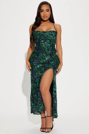 Green Fashion Nova Picking Petals Satin Maxi Women Dress USA | 635149EYO