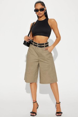 Grey Brown Fashion Nova Off Duty Belted Ripstop Bermuda Women Shorts USA | 465829UFX