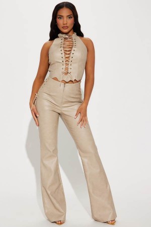 Grey Brown Fashion Nova Selective Attention Faux Leather Pant Set Women Pants USA | 135698ISV
