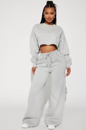 Grey Fashion Nova Brooklyn Baby Embroidered Wide Leg Women Sweatpants USA | 965342UXR