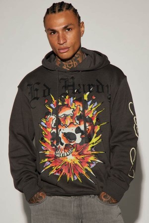 Grey Fashion Nova Ed Hardy Exploding Skull Men Hoodie USA | 602475OEM