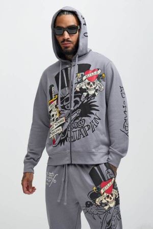 Grey Fashion Nova Ed Hardy Love Kills Zip Up Men Hoodie USA | 209635VHE