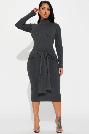 Grey Fashion Nova Indy Sweater Midi Women Dress USA | 365027RKE