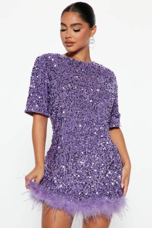 Lavender Fashion Nova Christy Sequin T-Shirt Mini Women Dress USA | 497835PBS