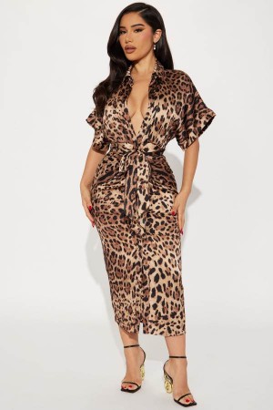 Leopard Fashion Nova Make Me Roar Short Sleeve Midi Women Dress USA | 150834QDC