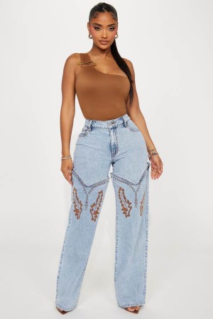 Light Wash Fashion Nova Let's Ride Western Boot Convertible Straight Leg Women Jeans USA | 391827EIL