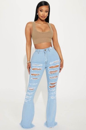 Light Wash Fashion Nova Perfect Storm Shredded Stretch Flare Women Jeans USA | 370196TVF
