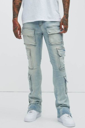 Light Wash Fashion Nova Stay Ready Cargo Stacked Skinny Convertible Flare Men Jeans USA | 310729SMG