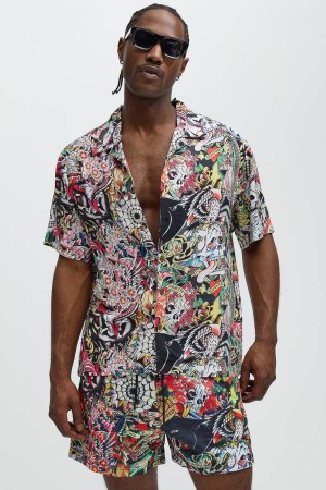 Multicolor Fashion Nova Ed Hardy Tattoo Collage Camp Men Shirts USA | 174820UKL