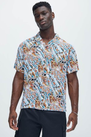 Multicolor Fashion Nova Ed Hardy Tiger Flower Camp Men Shirts USA | 470816RSC