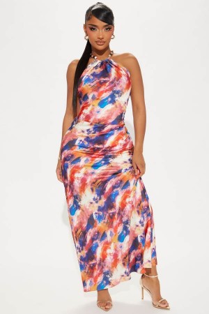 Multicolor Fashion Nova Eleanora Satin Maxi Women Dress USA | 076925FJS