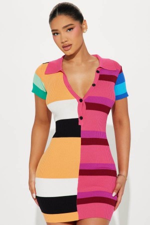 Multicolor Fashion Nova Paula Striped Sweater Mini Women Dress USA | 361874KYX