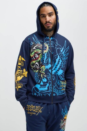 Navy Fashion Nova Ed Hardy Panther Bulldog Zip Up Men Hoodie USA | 924635PBV