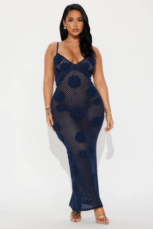 Navy Fashion Nova Mykonos Crochet Maxi Women Dress USA | 657498OLR