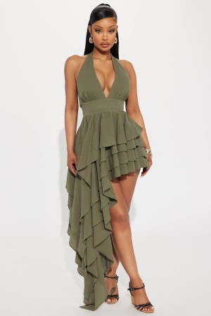 Olive Fashion Nova Aurelie Gauze Maxi Women Dress USA | 957403ALG