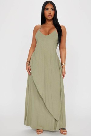 Olive Fashion Nova Come This Way Ribbed Maxi Women Dress USA | 074612FBX
