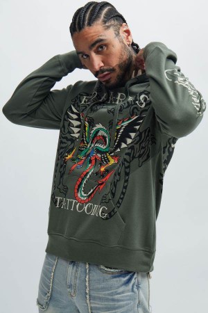 Olive Fashion Nova Ed Hardy Dragon Wings Men Hoodie USA | 905478BNT
