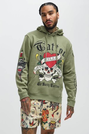Olive Fashion Nova Ed Hardy Love Kills Men Hoodie USA | 741063WRD