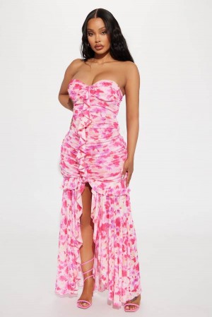 Pink Fashion Nova April Floral Mesh Maxi Women Dress USA | 950364HJG