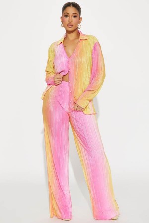 Pink Fashion Nova Isabel Shimmer Plisse Pant Set Women Pants USA | 123674FVN