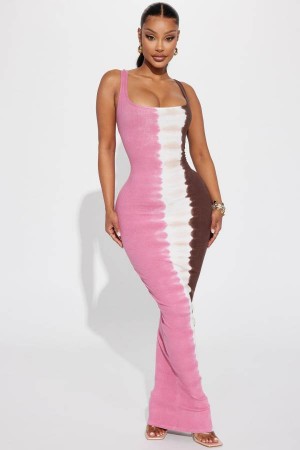 Pink Fashion Nova Meadow Tie Dye Maxi Women Dress USA | 608412QSC