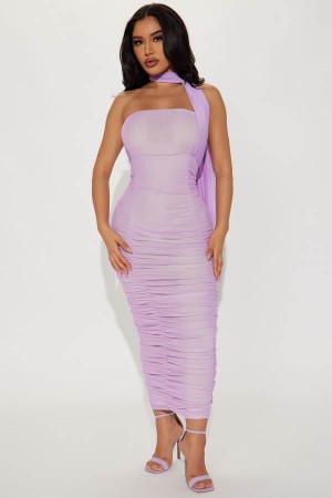 Purple Fashion Nova Britt Mesh Midi Women Dress USA | 257083WDJ