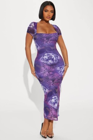 Purple Fashion Nova Flourishing Mesh Maxi Women Dress USA | 068935JOX