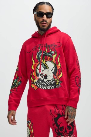 Red Fashion Nova Ed Hardy Flame Cobra Men Hoodie USA | 138096MID