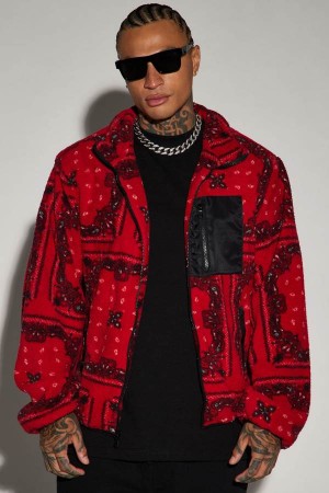Red Fashion Nova Eyes On Paisley Print Fleece Men Jacket USA | 490235JTU