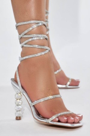 Silver Fashion Nova All The Glamour Embellished Wrap Up Heeled Women Sandals USA | 583497DWK