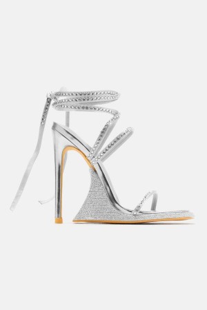Silver Fashion Nova Becoming Richer Wrap Up Heeled Women Sandals USA | 037941ZBF