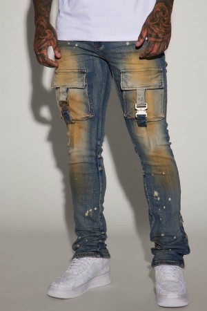Wash Fashion Nova Buckle Strap Cargo Stacked Skinny Flare Men Jeans USA | 168429DPB