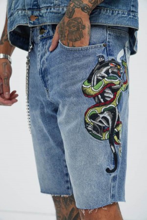 Wash Fashion Nova Ed Hardy Panther Snake Denim Men Shorts USA | 981405BRG