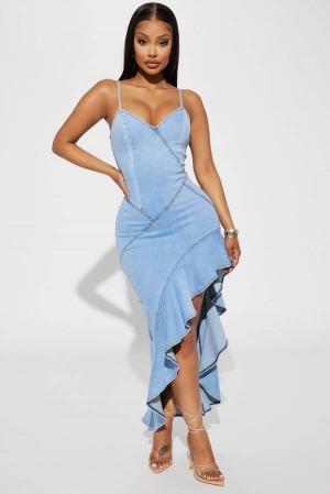 Wash Fashion Nova Shana Denim Maxi Women Dress USA | 062738THW