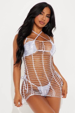 White Fashion Nova Kahlani Beaded Crochet Cover Up Women Dress USA | 098736UVE