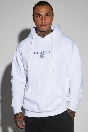 White Fashion Nova Venice Beach Palm Men Hoodie USA | 403985QBL