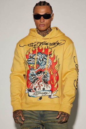 Yellow Fashion Nova Ed Hardy Fire Tiger Men Hoodie USA | 328107KVE